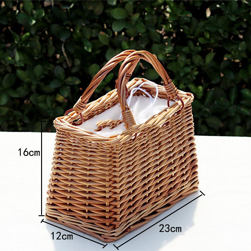 Casual Handmade Wicker Bag - Natural Leather Shoulder Strap