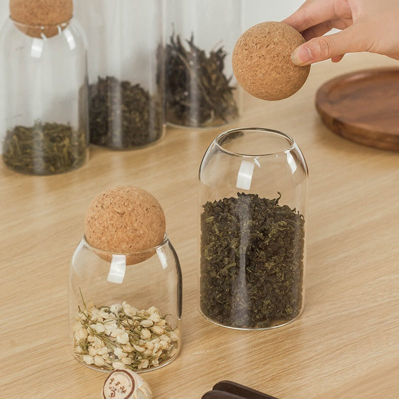 Food Storage Glass Jar with Wooden Ball Lid - Clear