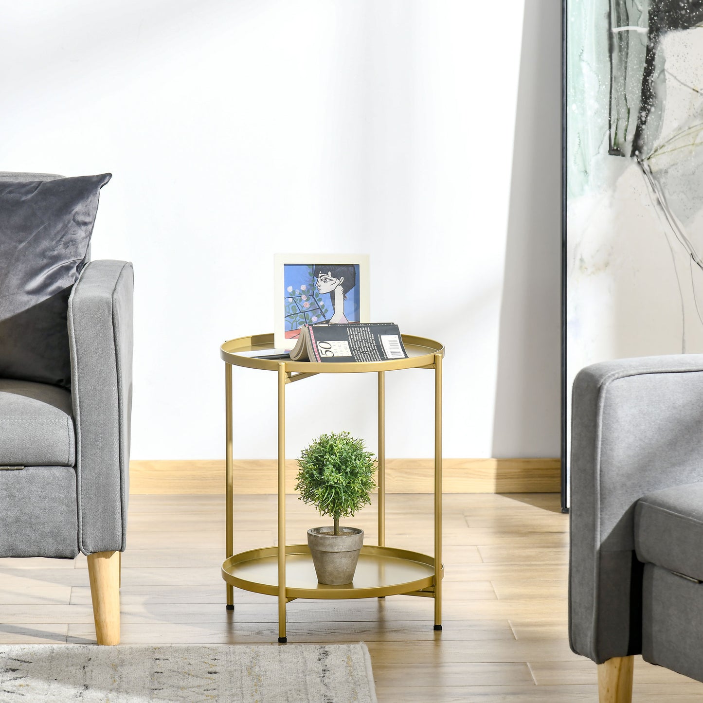 2-Tier Gold Side Table/Round Nightstand with Removable Trays