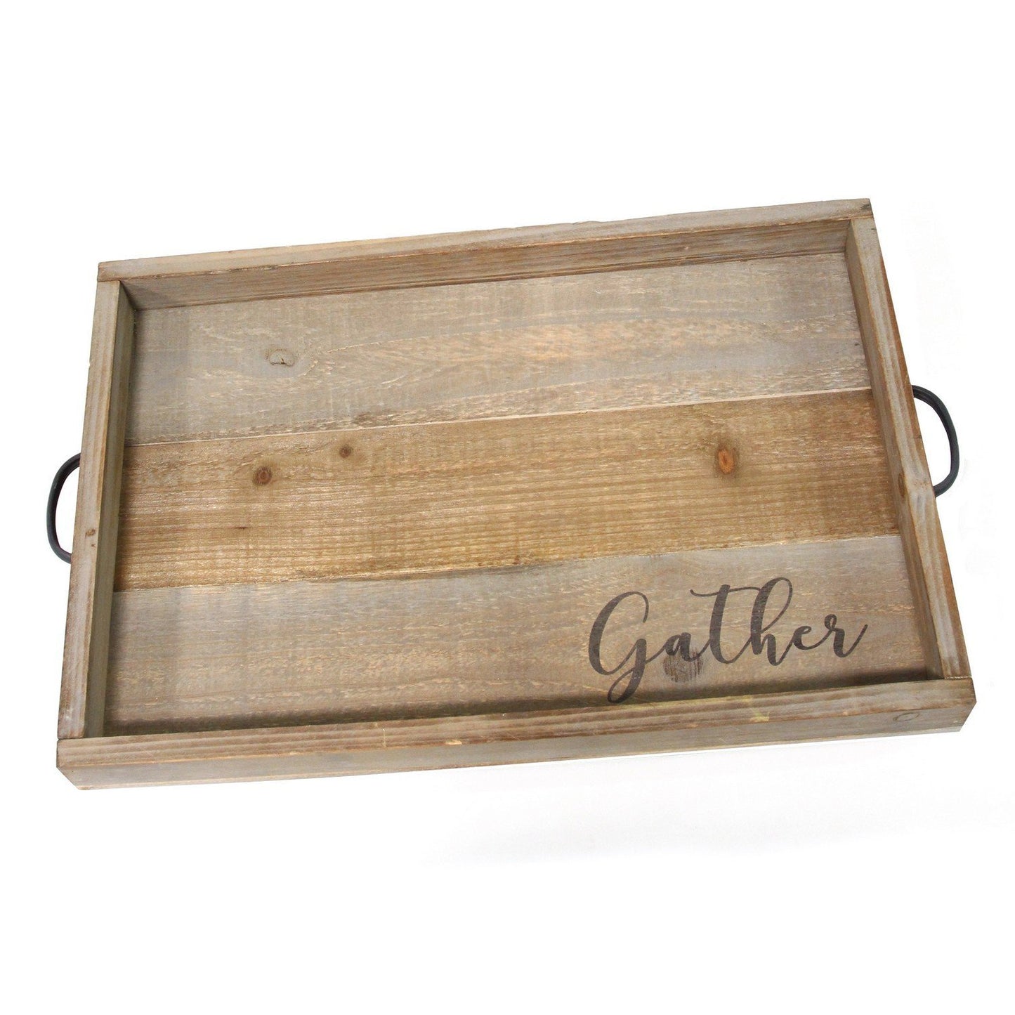Modern Farmhouse Wood & Metal Tray w "Gather" message