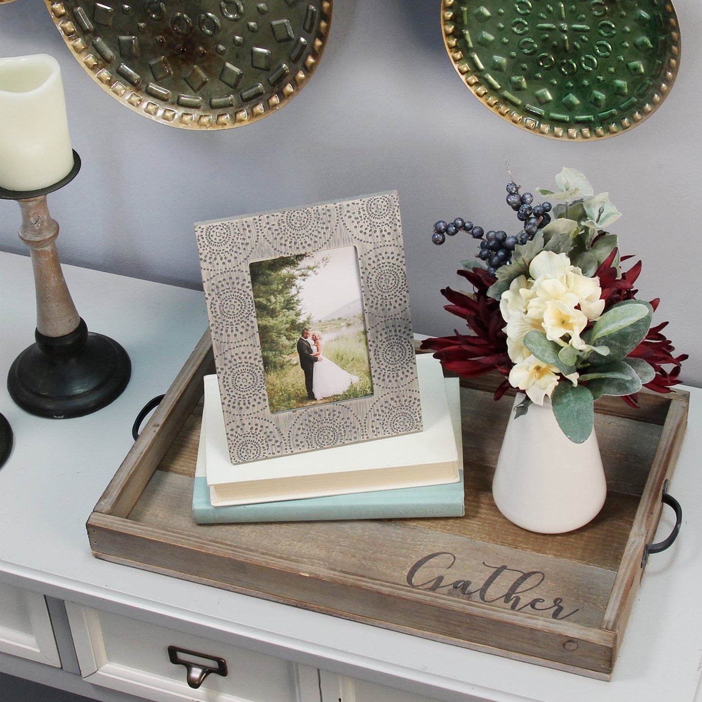 Modern Farmhouse Wood & Metal Tray w "Gather" message