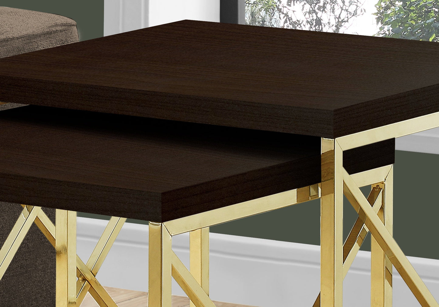 Two Piece Nesting Tables - Wood and Metal - Gold & Cappuccino