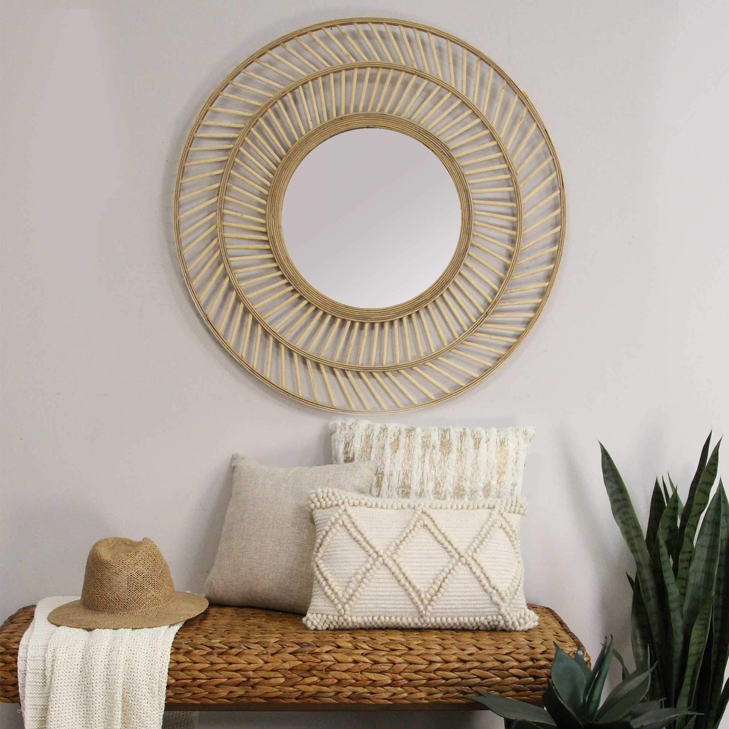 Boho Casual Woven Wicker Wall Mirror - 31.5inch Diameter