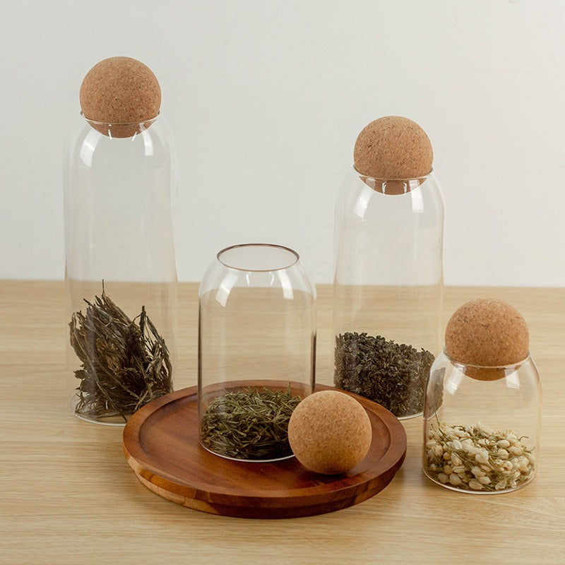 Food Storage Glass Jar with Wooden Ball Lid - Clear