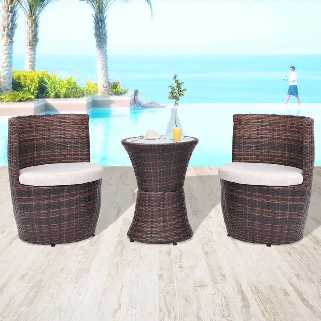 3 Piece Bistro Set with Cushions Poly Rattan - Gray, Brown, Black