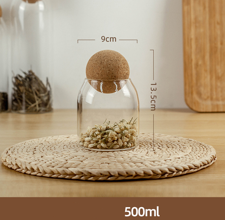 Food Storage Glass Jar with Wooden Ball Lid - Clear