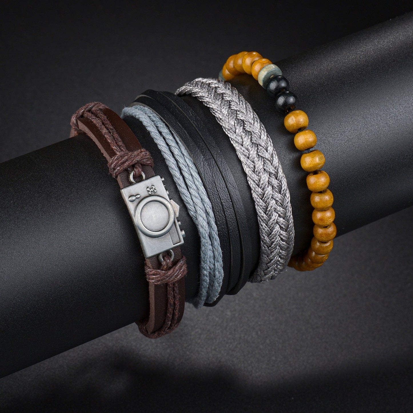 Men's Modern Multilayered Bracelet - Leather & Beads