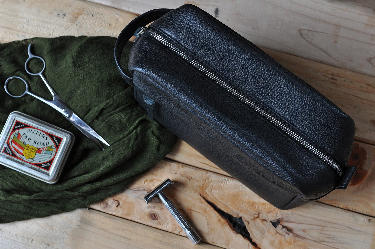 Leather Travel Toiletry Bag - Black