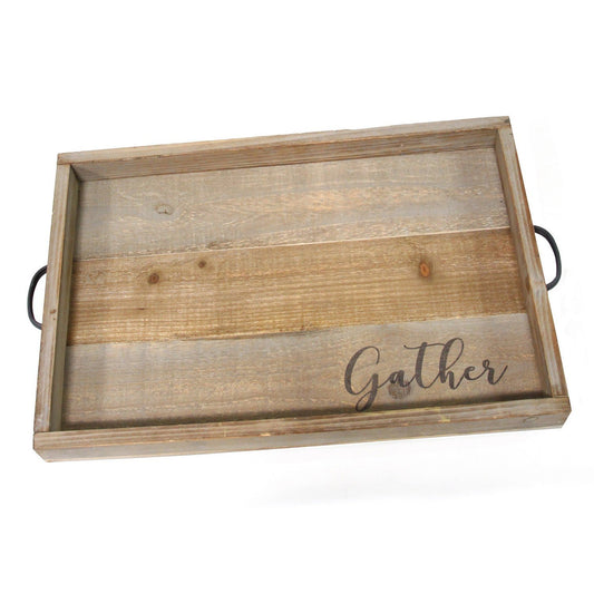 Modern Farmhouse Wood & Metal Tray w "Gather" message