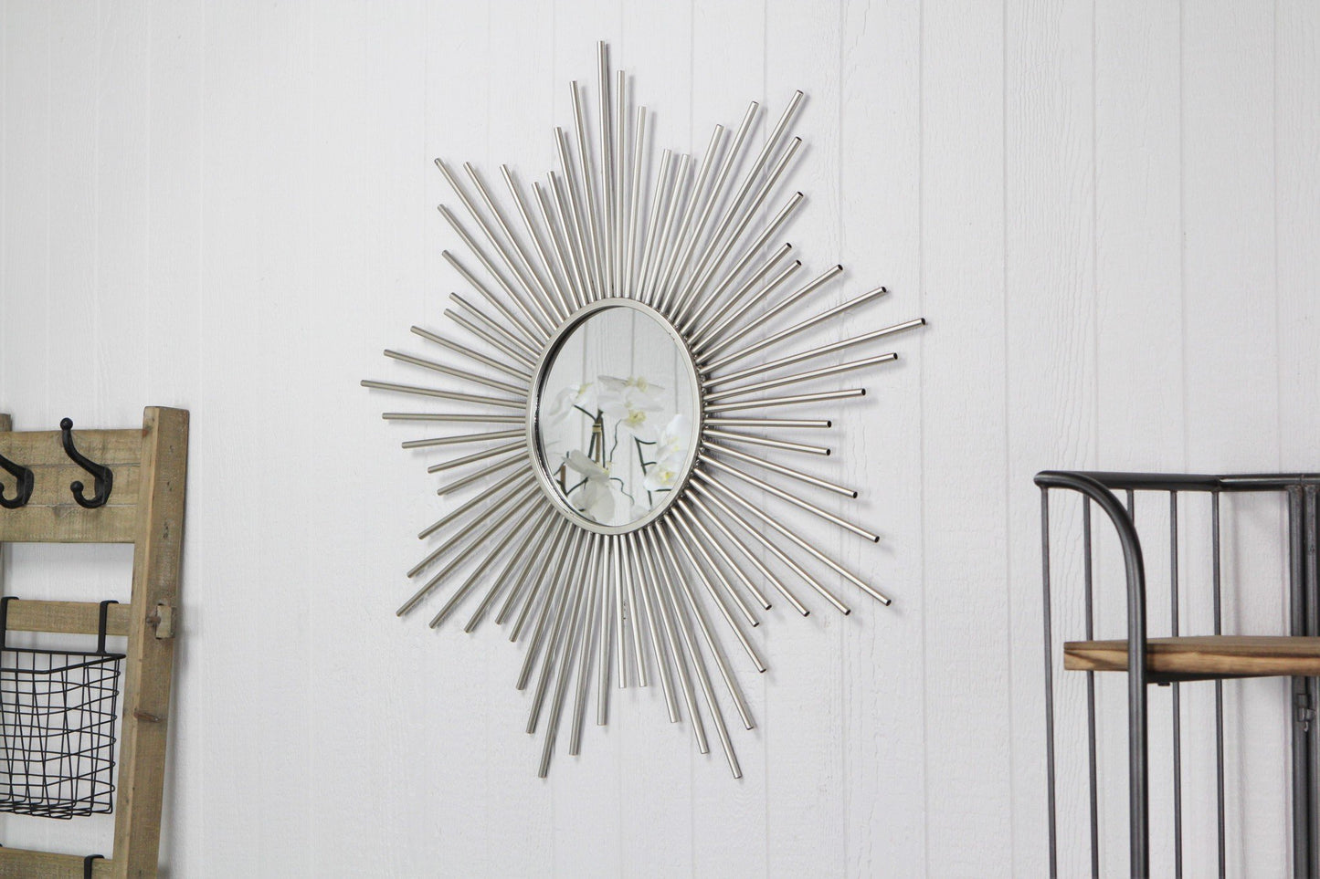 Striking Metal Sunburst Design Wall Mirror in Silver