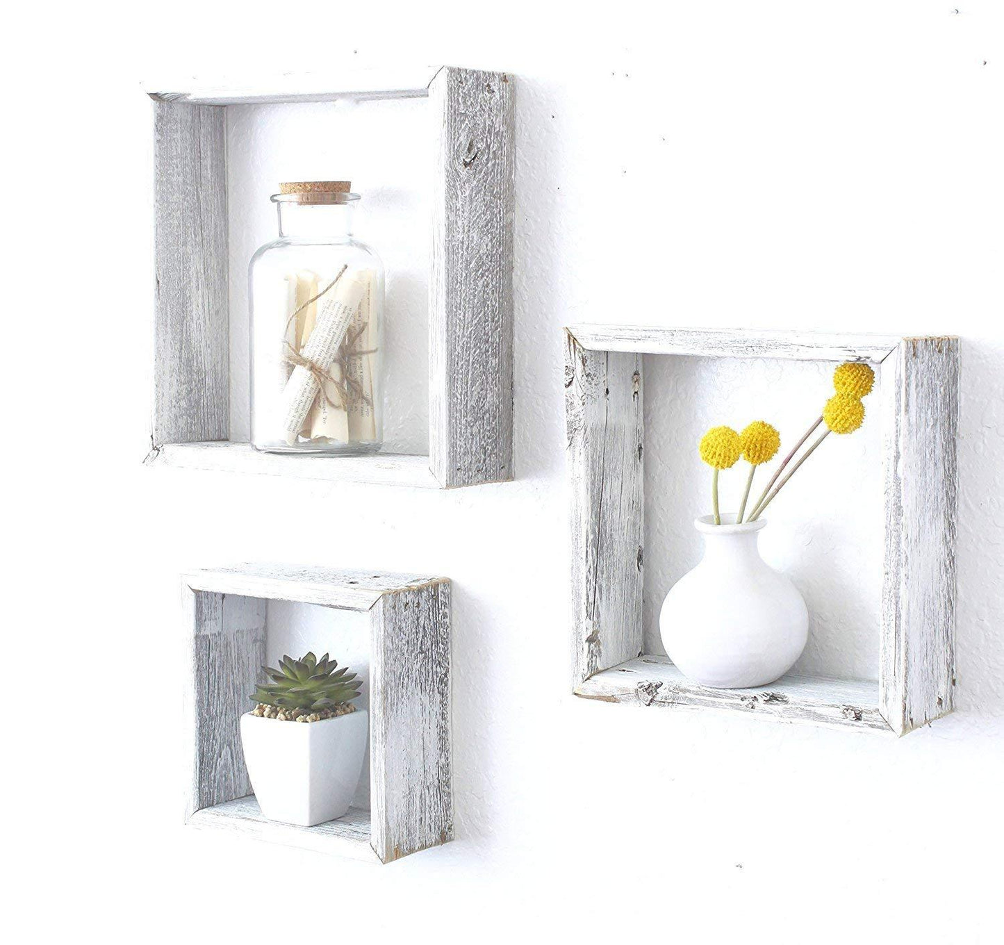 Rustic Square White Wash Wood Open Box Shelves - Set of 3