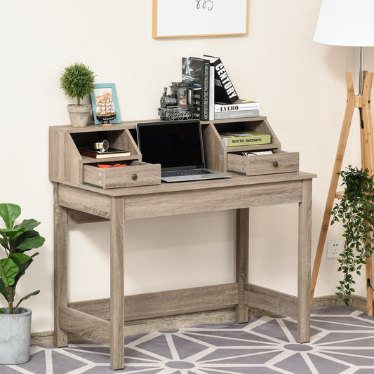 Wooden Computer Desk with Display Shelves and Drawers