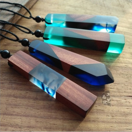 Unisex Wood & Resin Necklace Pendant - Woven Rope