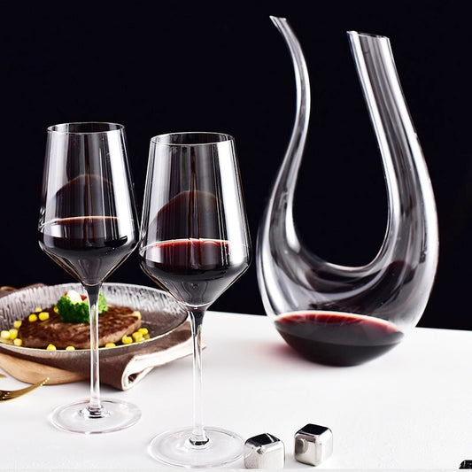 Elegant Hand Blown Clear Crystal U Shape Wine Decanter Set with 4 glasses - 1500ml