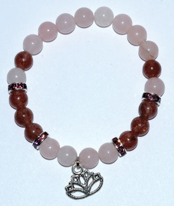 Crystal Bracelet with Rose Quartz & Strawberry Quartz- Lotus Pendent