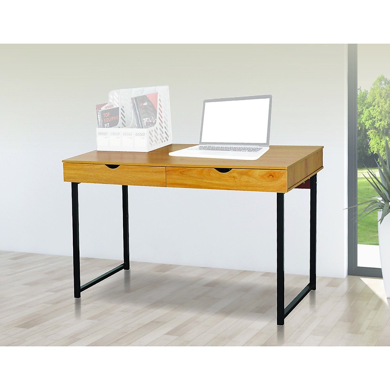 Wooden Computer Desk in Rich Wood Tone and Black Iron